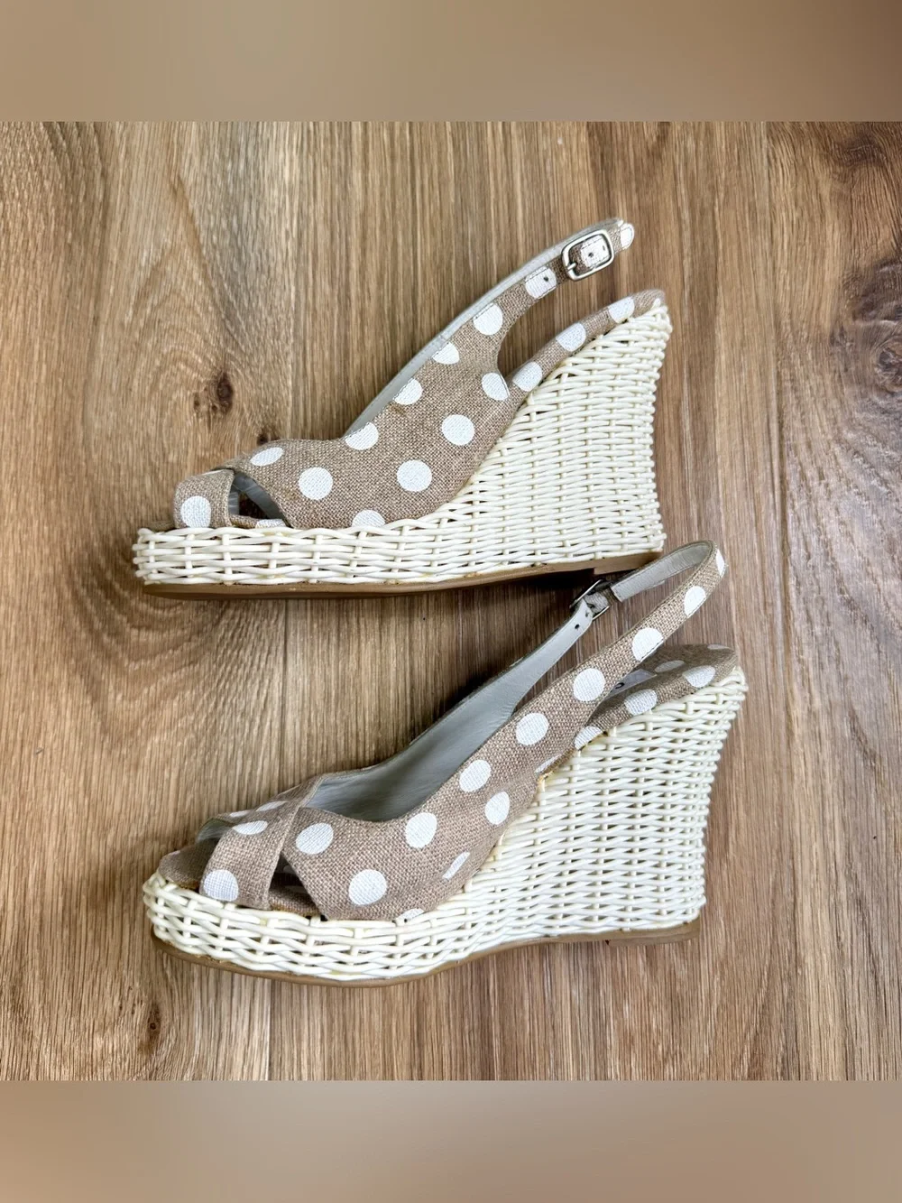 Castañer Polka Dot Wicker Wedge Slingback Sandals US 7